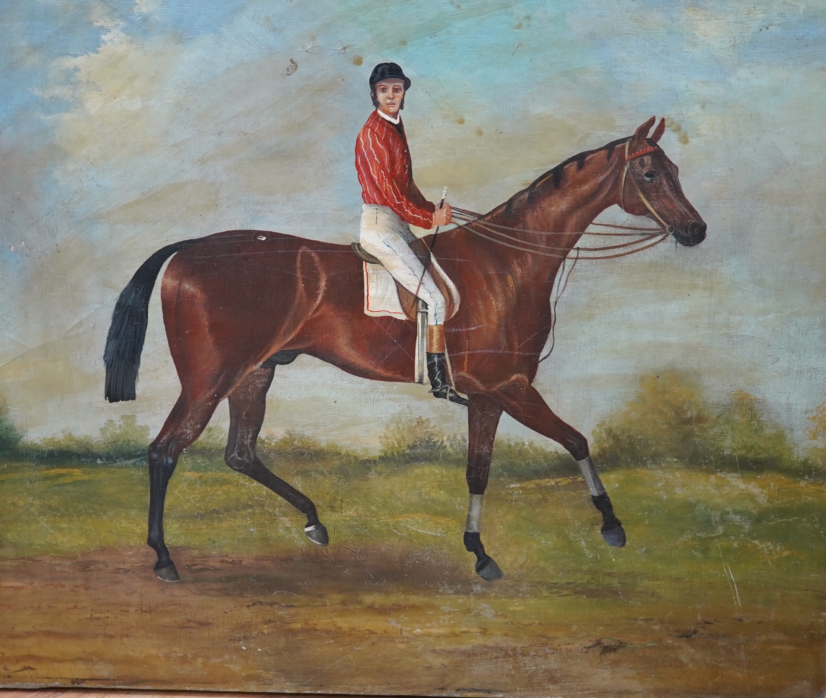 Naive School, oil on canvas, Study of a jockey on horseback, unsigned, 51 x 61cm, unframed. Condition - fair, craquelure throughout